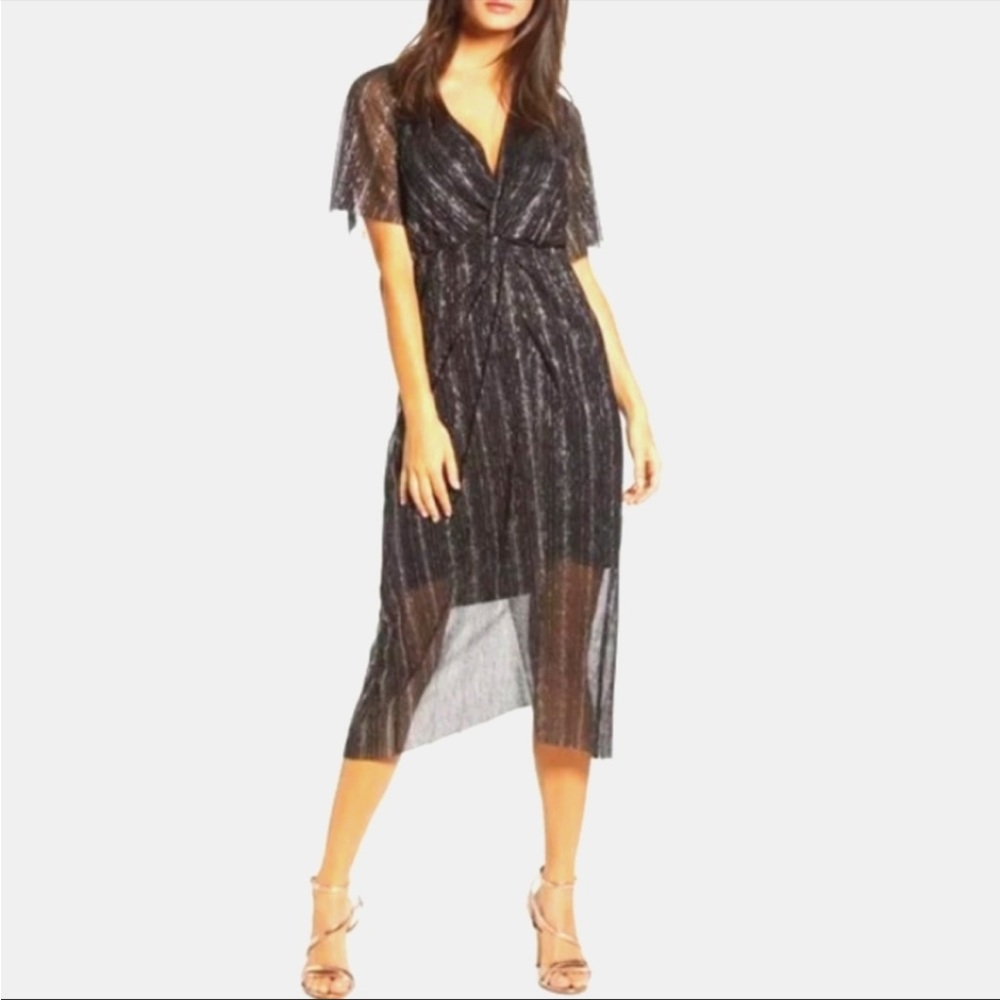 All In Favor NWT Dolman Plisse Midi Dress NWT Black w GOLD SHIMMER Threading